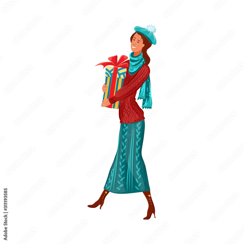 Young smiling woman carrying gift box for holiday vector illustration Young smiling woman carrying gift box for holiday vector illustration