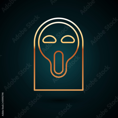 Gold line Funny and scary ghost mask for Halloween icon isolated on dark blue background. Happy Halloween party. Vector Illustration