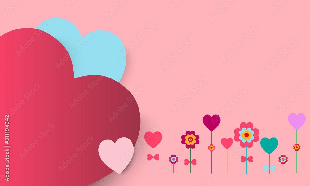 vecter with Paper elements in shape of heart flying on pastel pink background, Valentine's Day and lovely concept, copy space for note and texture