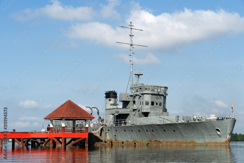 Battleship made of unused steel at tourist attractions in the area Shrine of king Taksin at Wat Mai, Mueang Chanthaburi District, Chanthaburi Thailand.