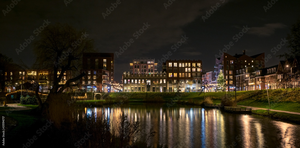 Modern centre of the town of Waddinxveen, Netherlands at night