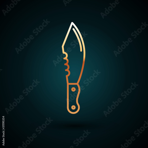 Gold line Military knife icon isolated on dark blue background. Vector Illustration