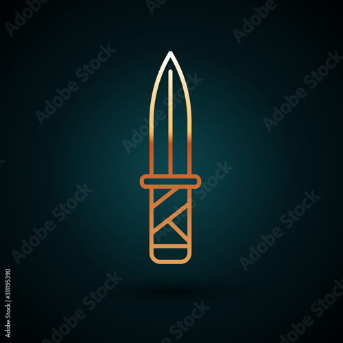 Gold line Military knife icon isolated on dark blue background. Vector Illustration