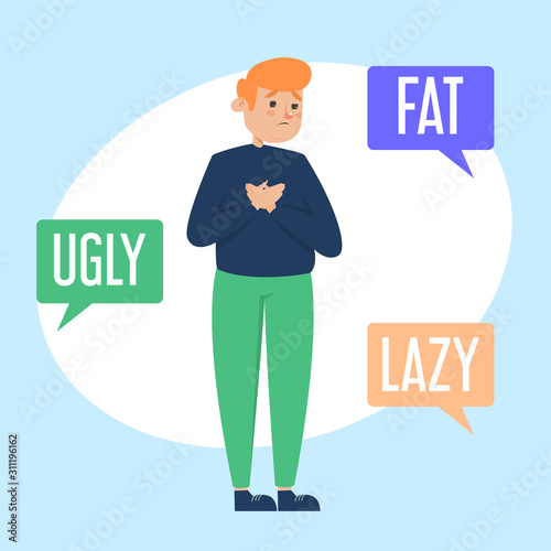 Body shame vector isolated illustration. Fat man ashamed