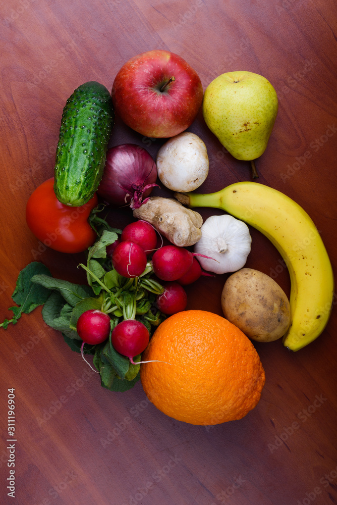 Fruits and veggies on a wooden table