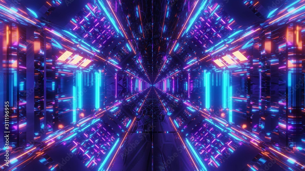Fototapeta wysoko odblaskowe świecące korytarz tunelu scifi z futurystycznymi światłami i odbiciami 3d tapety tła ilustracji