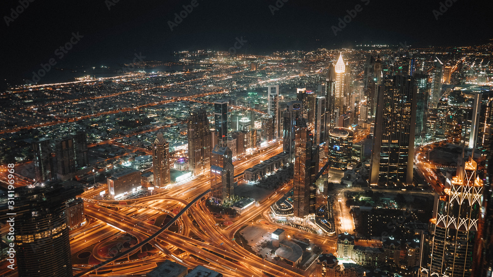 Dubai streets by night. Drone view