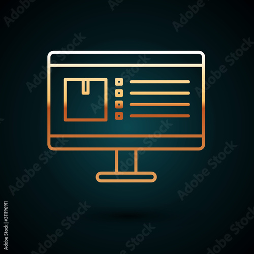 Gold line Computer monitor with app delivery tracking icon isolated on dark blue background. Parcel tracking. Vector Illustration