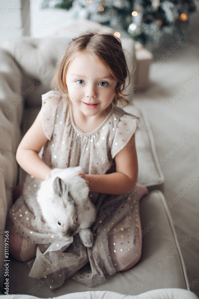 Stock photo portrait of cute little girl in festive dress with lovely bunny in her arms sitting on couch. Unfocused decorated Christmas tree in background. Stock photo portrait of cute little girl in festive dress with lovely bunny in her arms sitting on couch. Unfocused decorated Christmas tree in background.