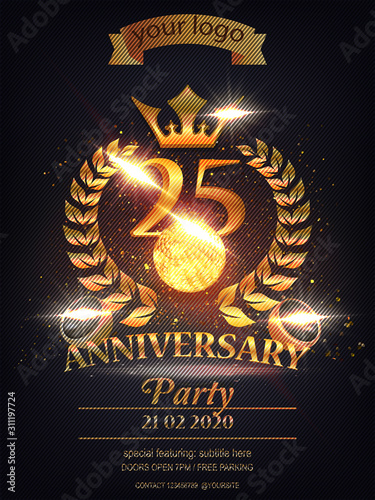 25 happy anniversary banner in the cover with a golden wreath, disco ball, crown, light effect isolated on dark sparkle background. Elements are layered separately in vector file.
