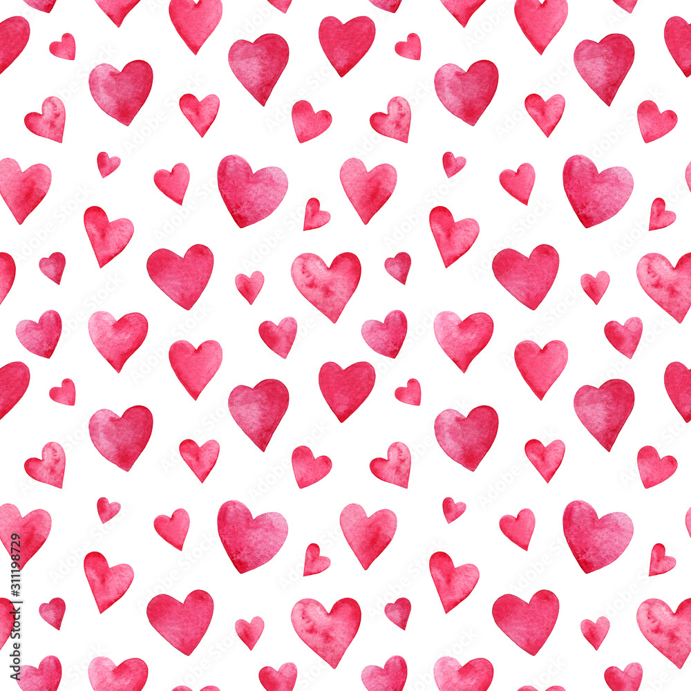 Seamless pattern with pink grungy hearts on white background.