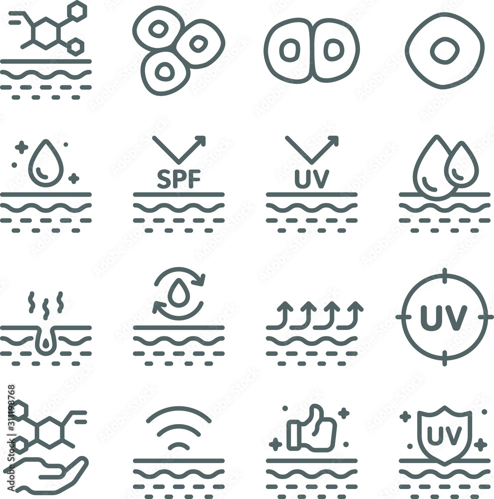 Healthy Skin icons set vector illustration. Contains such icon as Skin Care, UV Protection, Cell, Dry Skin and more. Expanded Stroke