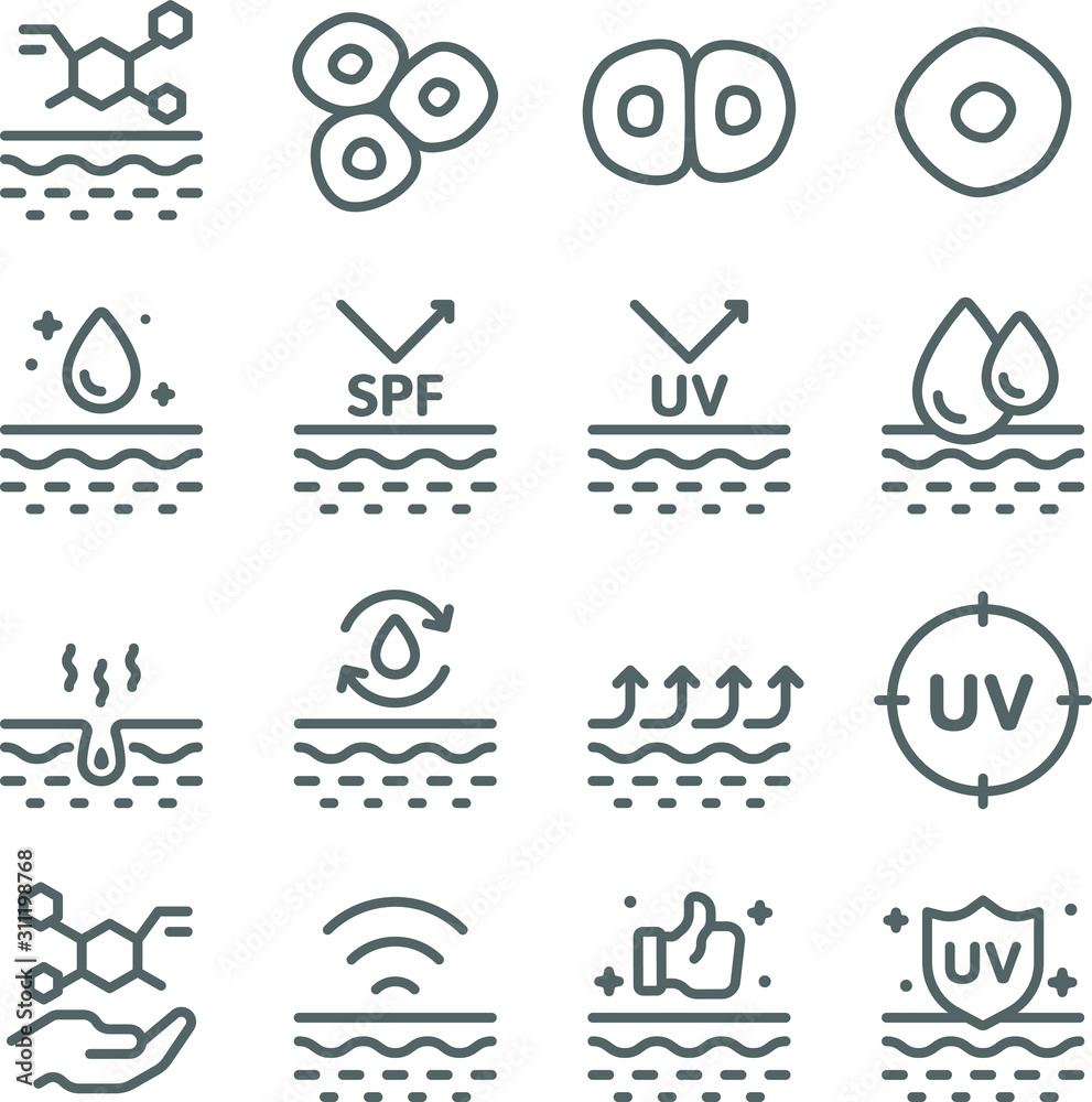 Fototapeta premium Healthy Skin icons set vector illustration. Contains such icon as Skin Care, UV Protection, Cell, Dry Skin and more. Expanded Stroke