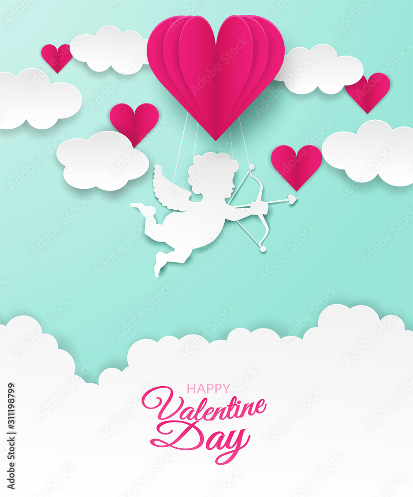 Happy Valentine day background .  Design with heart on pastel background, paper art style . Vector.