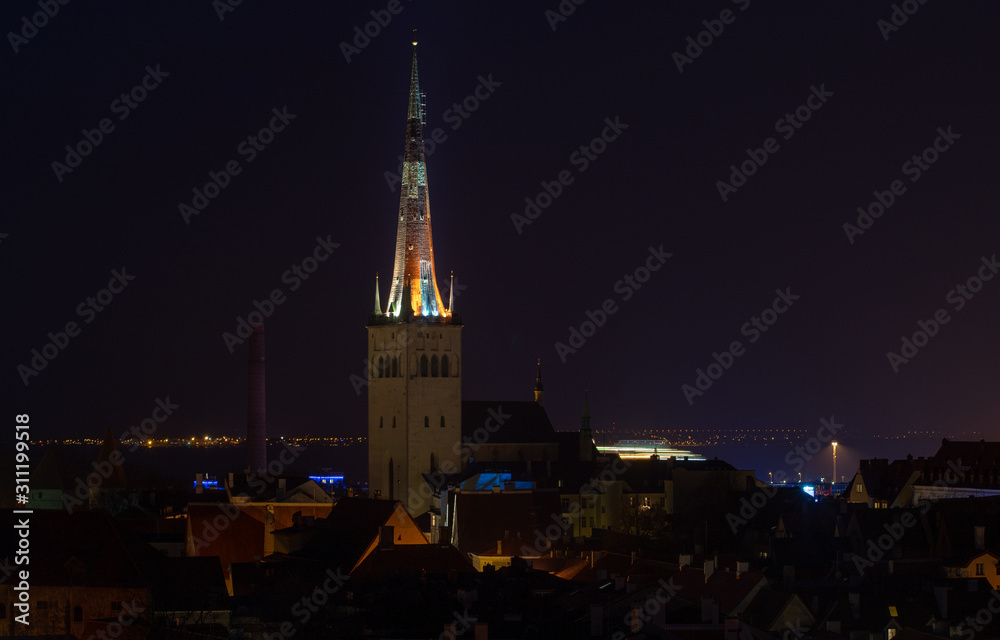 21 April 2018 Tallinn, Estonia. View of the Old town from the observation deck at night