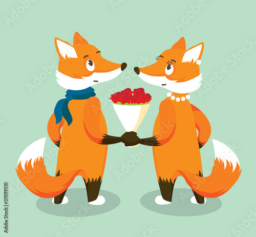 Two Foxes in Love with Bouquet of Red Roses