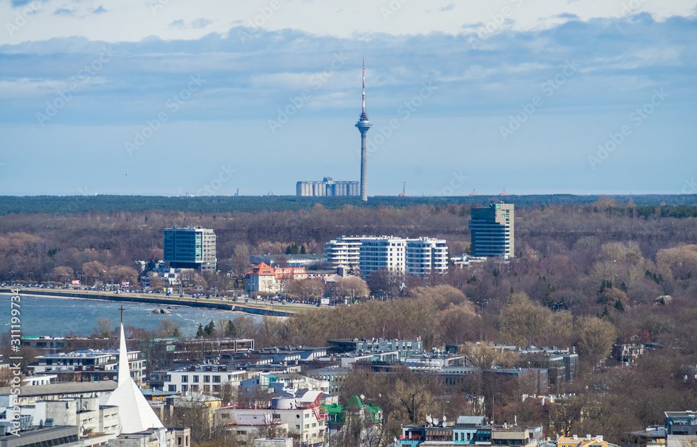 Obraz premium 21 April 2018, Tallinn, Estonia. View of the Bay and the Tallinn TV tower from the observation deck.