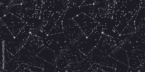 Seamless space pattern. Night starry sky with stars, constellations. Black-and-white background (monochrome) abstract background. Universe. Outer space. Hand-drawn vector illustration. photo