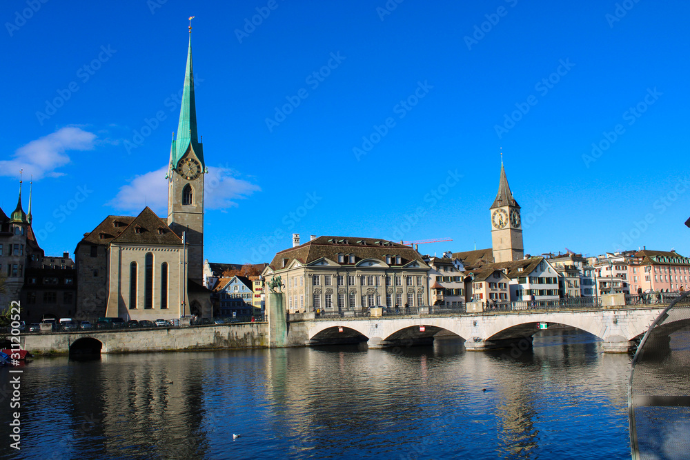 View of Zurich Old Town, with Fraumunster and St.Peter Churches Church