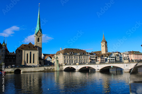 View of Zurich Old Town, with Fraumunster and St.Peter Churches Church