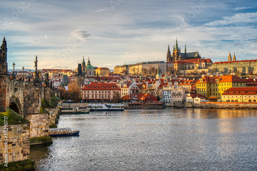 Beautifully lit Mala Strana with Charles Bridge at sunset, Prague