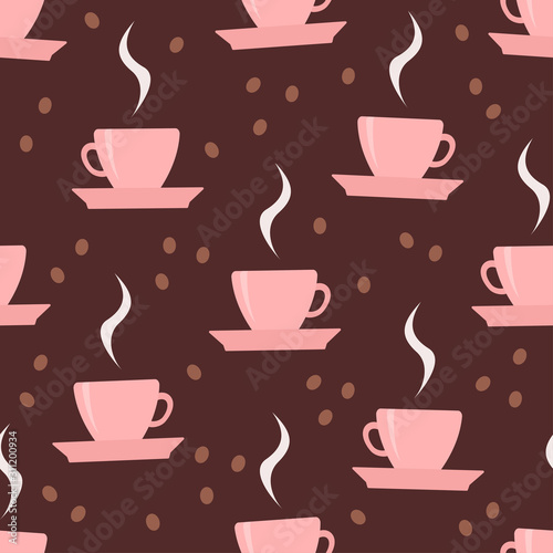 Seamless flat coffee background with pink cups