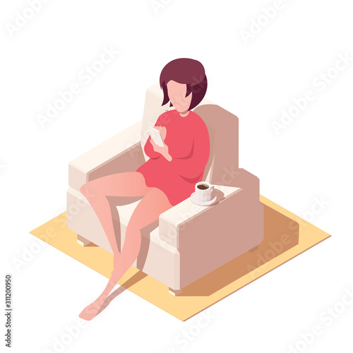 Girl sitting on sofa and holding smartphone. Relaxing at home and surfing internet. Vector isometric illustration.