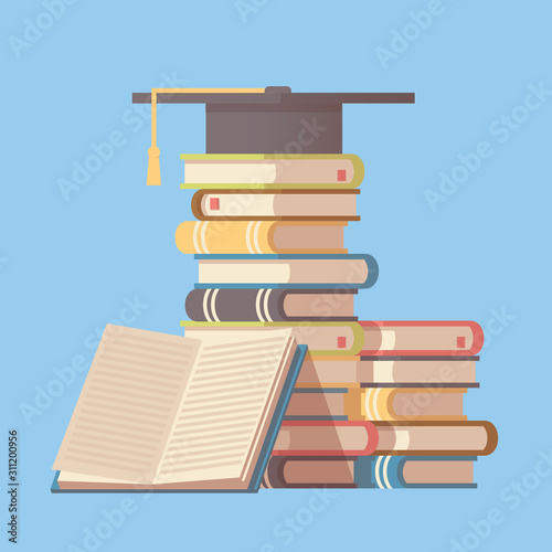 Graduate hat on the pile of books. Education or business training webpage icon. Vector illustration