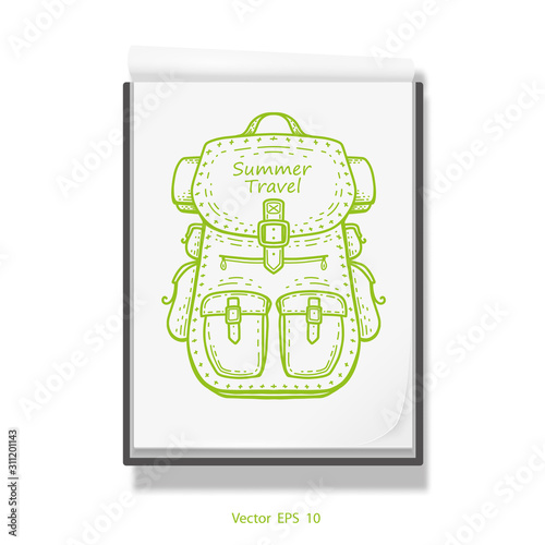 Travel backpack .Open notebook for drawing .White sketchbook .Rest, vacation Vector illustration . photo