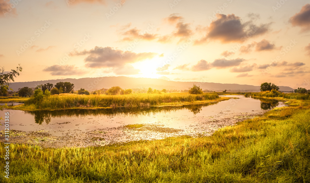 Scenic landscape of resevoir and mountain with sunset, sunrise. Scenic landscape of resevoir and mountain with sunset, sunrise.
