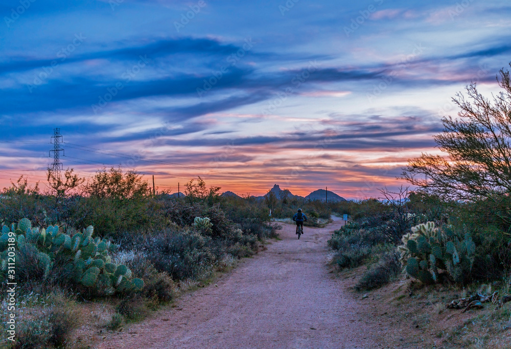 Mountain Biker On Desert Trail At Dusk In Arizona Mountain Biker On Desert Trail At Dusk In Arizona