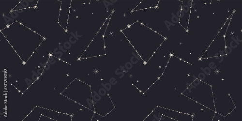 Seamless space background. Night starry sky with stars and  constellations. Black-and-white (monochrome) abstract pattern. Universe print. Unknown Outer space. Hand-drawn vector illustration. 