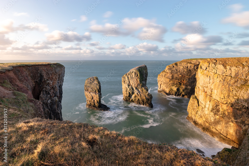 Stack rocks, sea cliffs on Pembrokeshire coast.