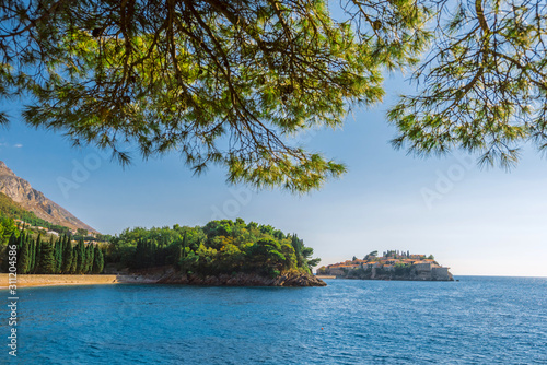 Sveti Stefan island in Budva Montenegro. View of the island and the beach from the shore through the branches of pine trees. Bright sunny day