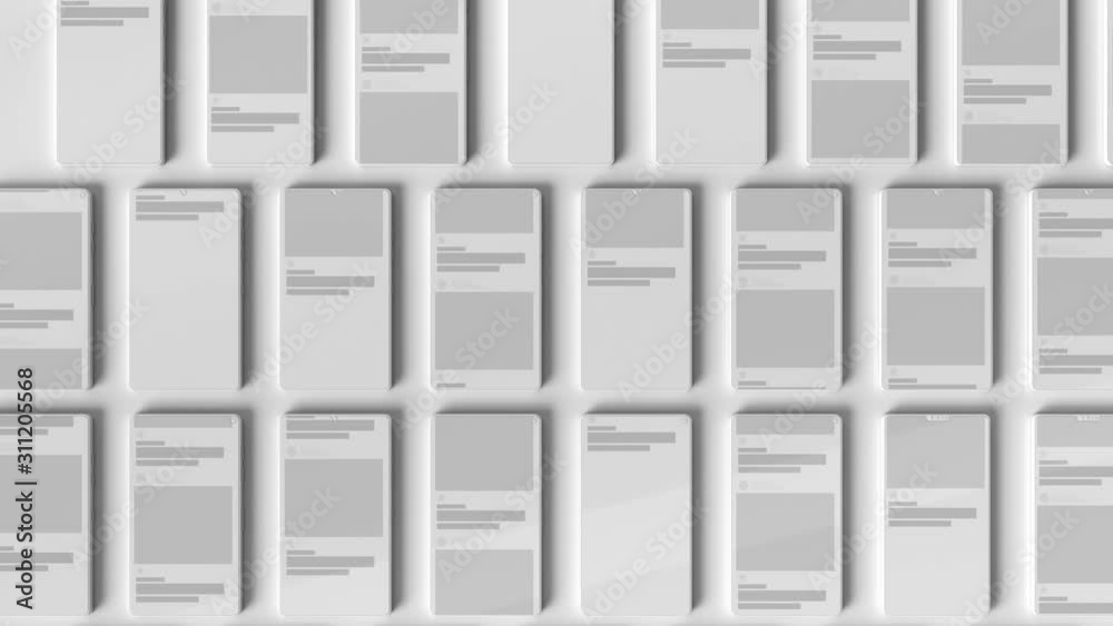 3d bright render background with a lot of abstract phones. Loop animation. 3d bright render background with a lot of abstract phones. Loop animation.