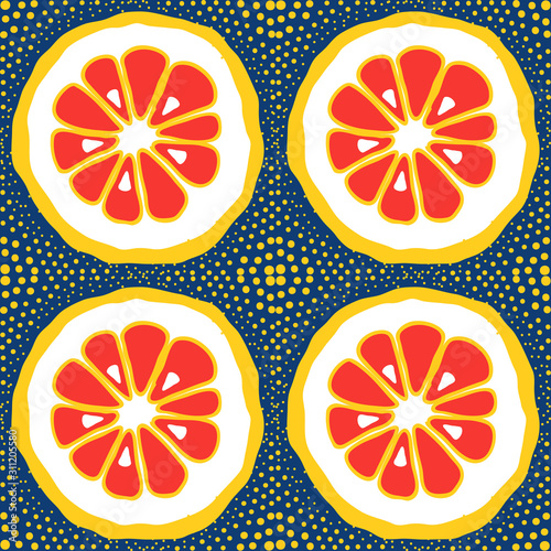 Vector pattern with lemon, citrus slice on blue background. Orange, mandarin with yellow dots pop art.