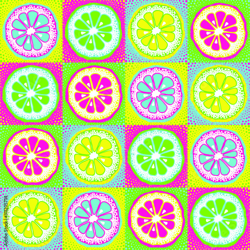 Vector pattern with citrus, orange, lime fruit lice on neon squares. Colorful background with fruit. Pop art wallpaper design with food.