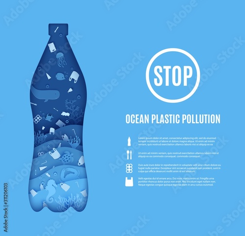Stop ocean plastic pollution banner design template in paper cut style. Papercut 3d background. Bottle cut out silhouette inside which sea inhabitants plastic garbage. Vector World Oceans Day concept