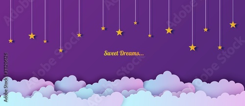 Night sky in paper cut style. Cut out 3d background with violet and blue gradient cloudy landscape with stars papercut art. Cute origami clouds. Vector card for wish good night sweet dreams.