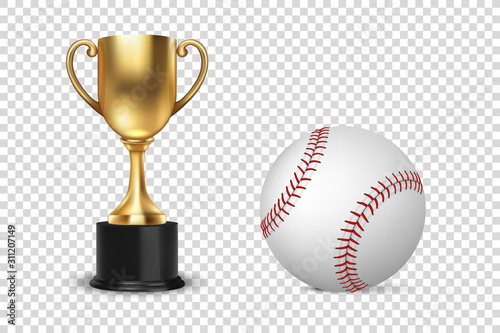 Realistic Vector 3d Golden Champion Cup Icon wirh Baseball Set Isolated on Transparent Background. Design Template of Championship Trophy. Sport Tournament Award, Gold Winner Cup and Victory Concept