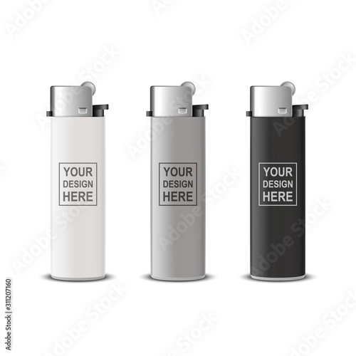Vector 3d Realistic White, Gray, Black Blank Cigarette Lighter Icon Set Closeup Isolated on Transparent Background. Design Template for Advertising, Mockup, Corporate Identity. Front View