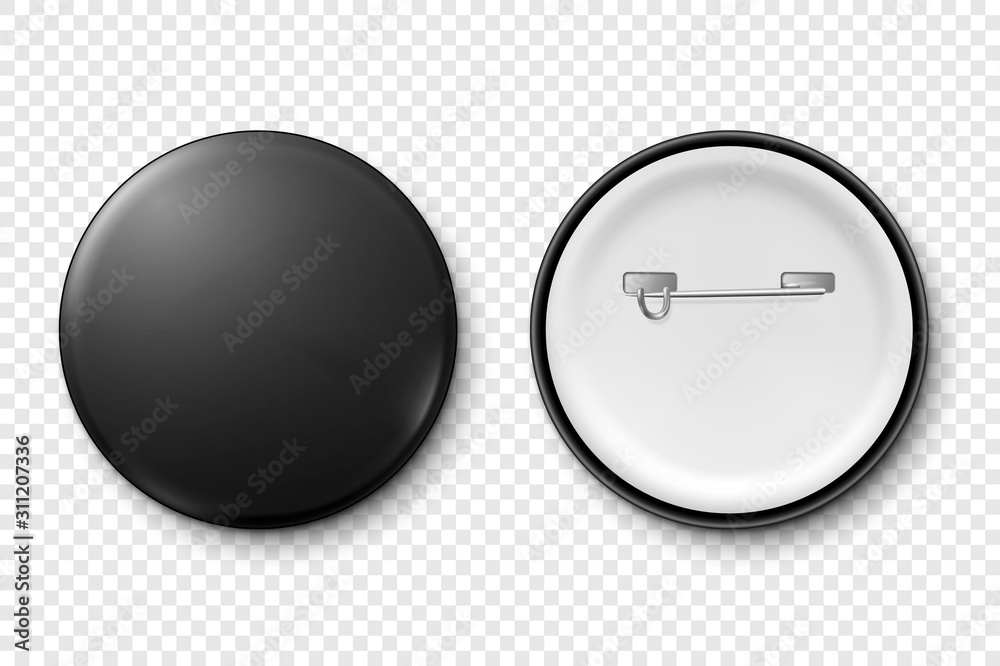 Vector 3d Realistic Metal or Plastic Black Blank Button Badge Icon Set Isolated on Transparent Background. Top and Back Side View. Template for Branding Identity, Graphic Presentations. Mock-up