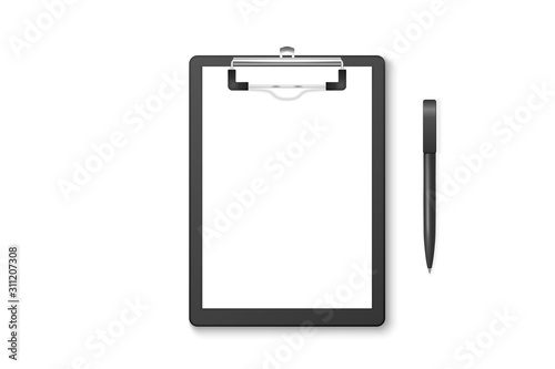 Vector 3d Realistic Black Clipboard with Blank Paper, Metal Clip, Automatic Pen Set Closeup Isolated on White Background. Design Template for Notes, Mockup, Checklist, Questionnaire, Reminders