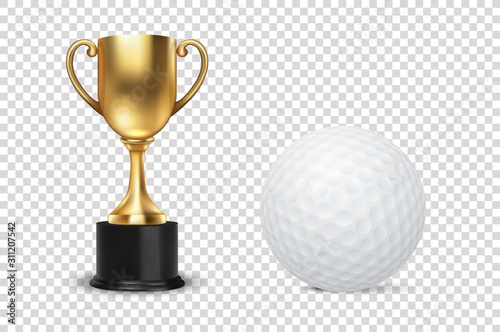 Realistic Vector 3d Golden Champion Cup Icon with Golf Ball Set Isolated on Transparent Background. Design Template of Championship Trophy. Sport Tournament Award, Gold Winner Cup and Victory Concept