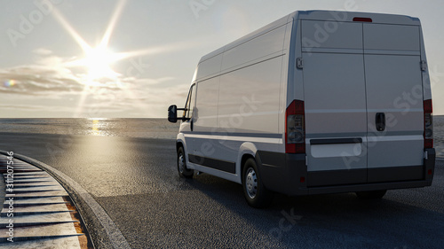 3d rendering, truck on the road travels to the sun, cargo transportation concept