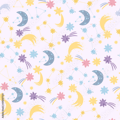 Delicate cute pattern with vector stars and moon. starry sky  background for children and babies