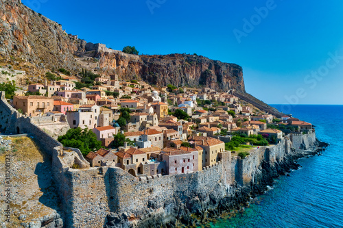 Aerial view of the old town of Monemvasia in Lakonia of Peloponnese, Greece. © ververidis