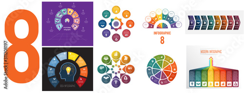 Set 8 universal templates for Infographics conceptual cyclic processes for 8 positions possible to use for workflow, banner, diagram, web design, timeline, area chart,number options