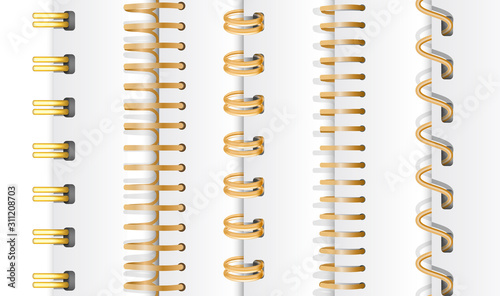 Set of gold vertical spirals for notebooks and calendars. Spiral bindings for sheets of paper. Isolated on white background, vector illustration.