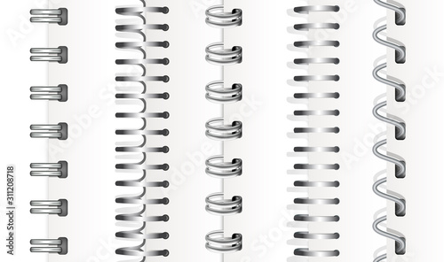 Set of silver vertical spirals for notebooks and calendars. Spiral bindings for sheets of paper. Isolated on white background, vector illustration.